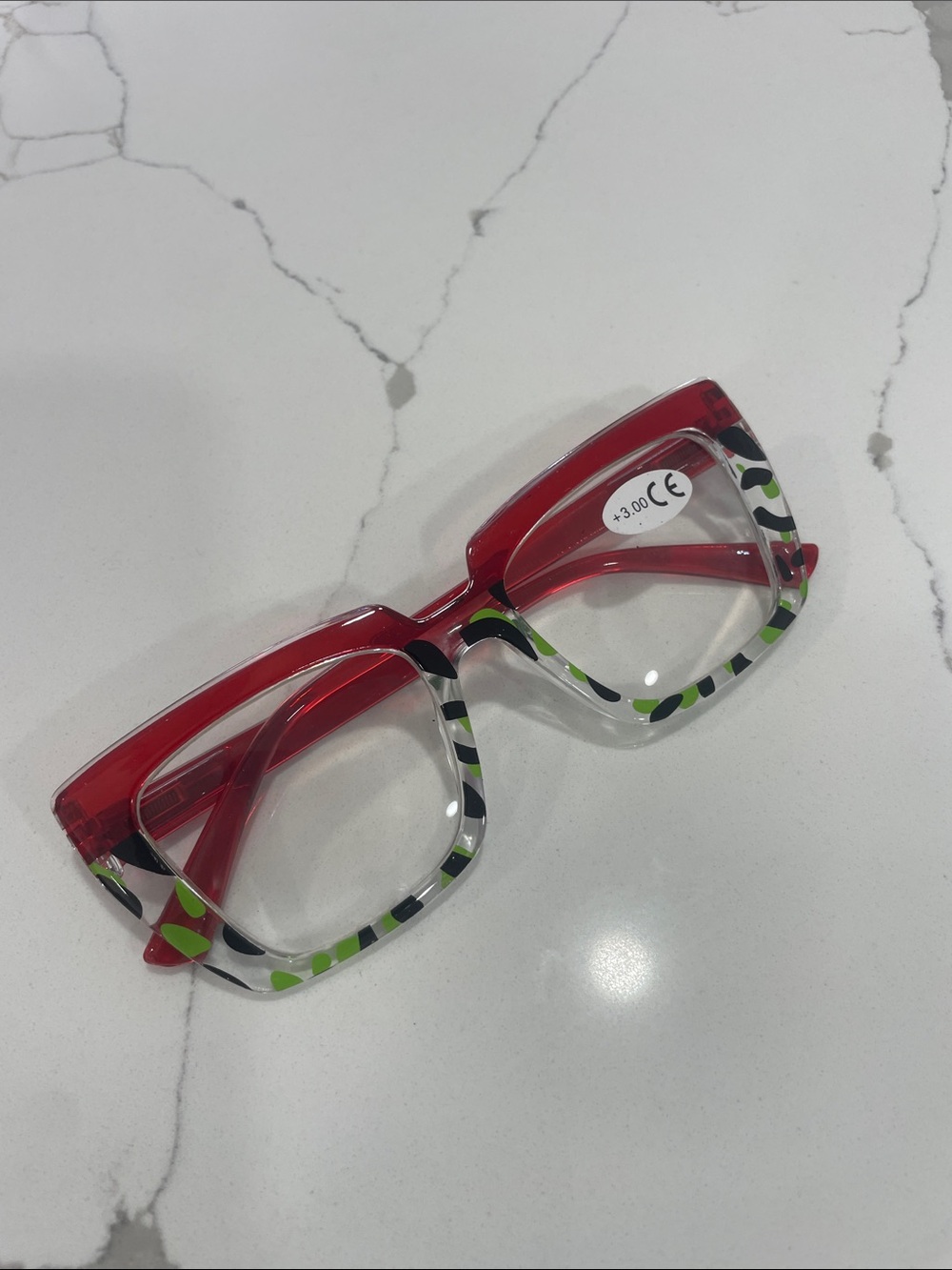 Red Clear-Front Reading Glasses +3.00 with Green & Black Pattern